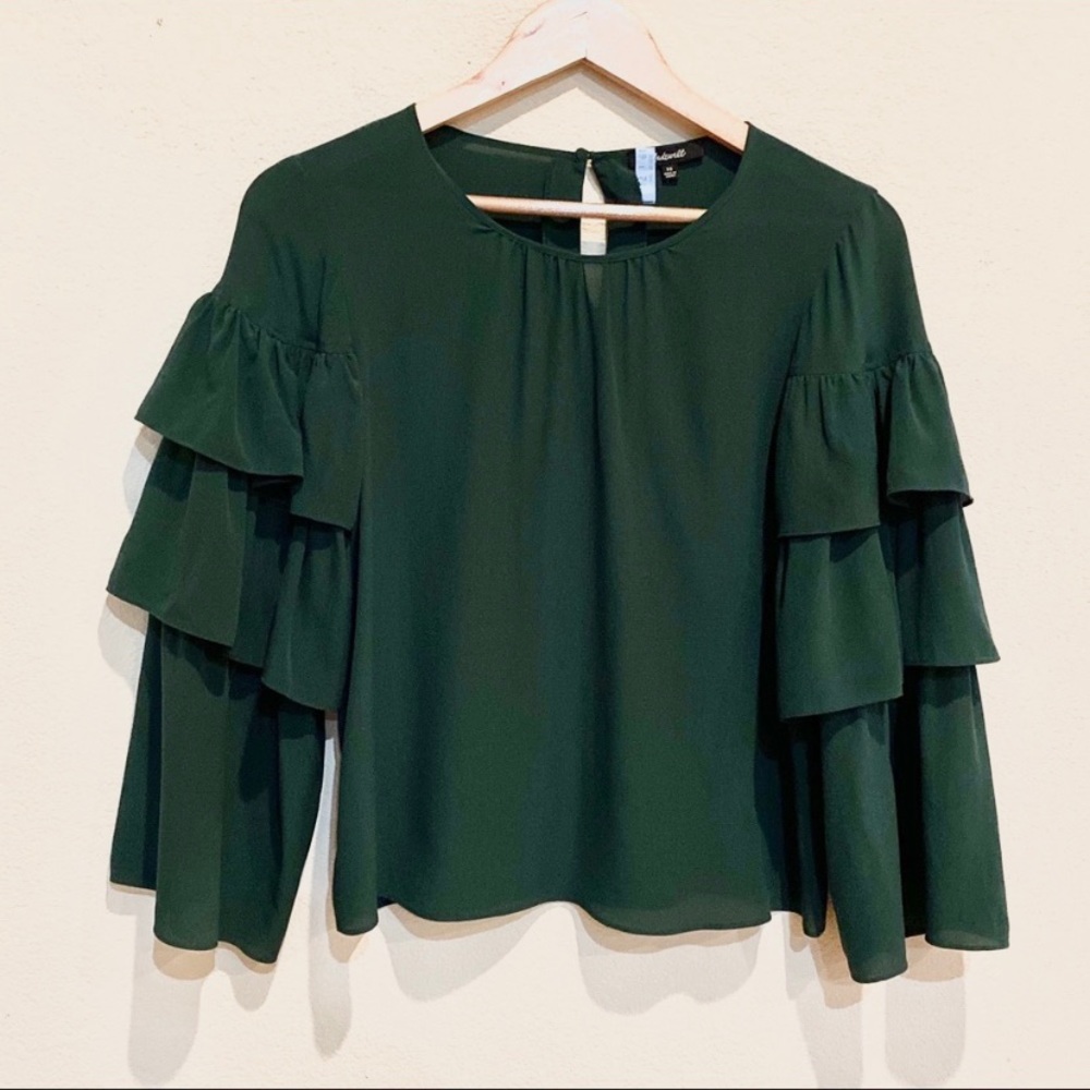 Madewell Silk Ruffle Long Sleeve Green Blouse